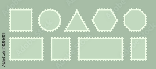 Collection of blank postage stamp in different form and size. Toothed border mailing postal sticker template. Vintage retro badge for poster, banner or template. Vector illustration 