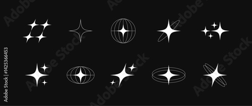 Collection of different stars that burst and sparkle. Bright firework, decoration twinkle, shiny flash and globe grids with stars. Glowing light effect collection. Vector graphic design
