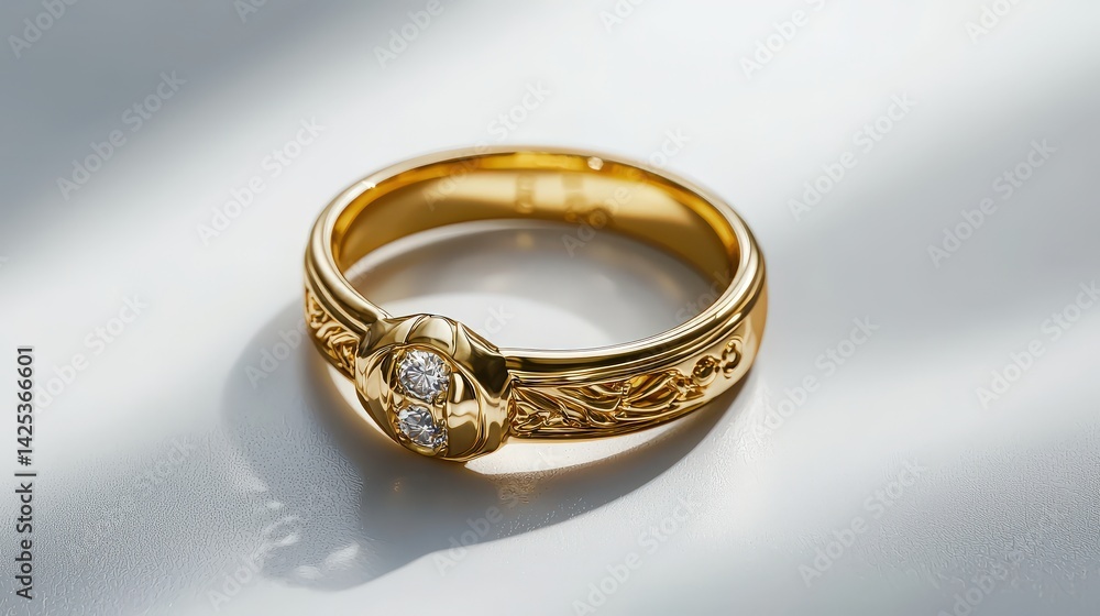 A stunning gold with intricate detailing and two sparkling diamonds rests elegantly on a bright white surface bathed in soft sunlight creating a luxurious and sophisticated A stunning gold with intricate detailing and two sparkling diamonds rests elegantly on a bright white surface bathed in soft sunlight creating a luxurious and sophisticated