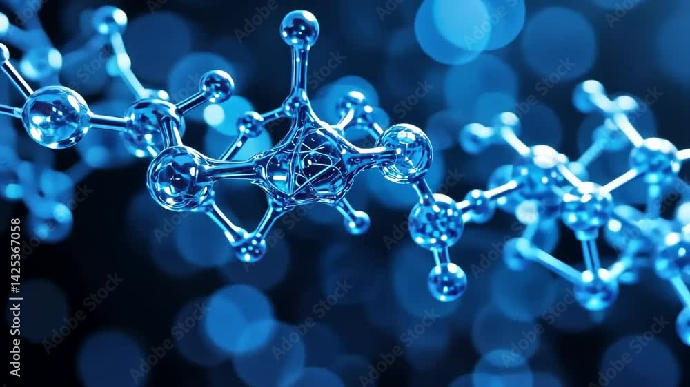 Blue transparent molecule model over blue Blue transparent molecule model over blue