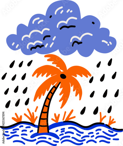 Hand Drawn Natural Disaster Weather Storm Illustration With Rainfall Flooded Land And Palm Tree In Danger
