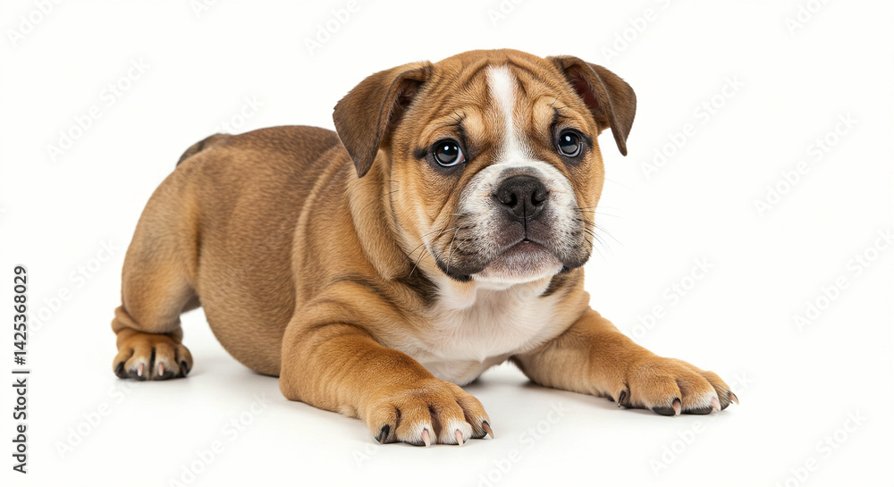 Obraz premium Puppy Lying Down Looking Up on White Background