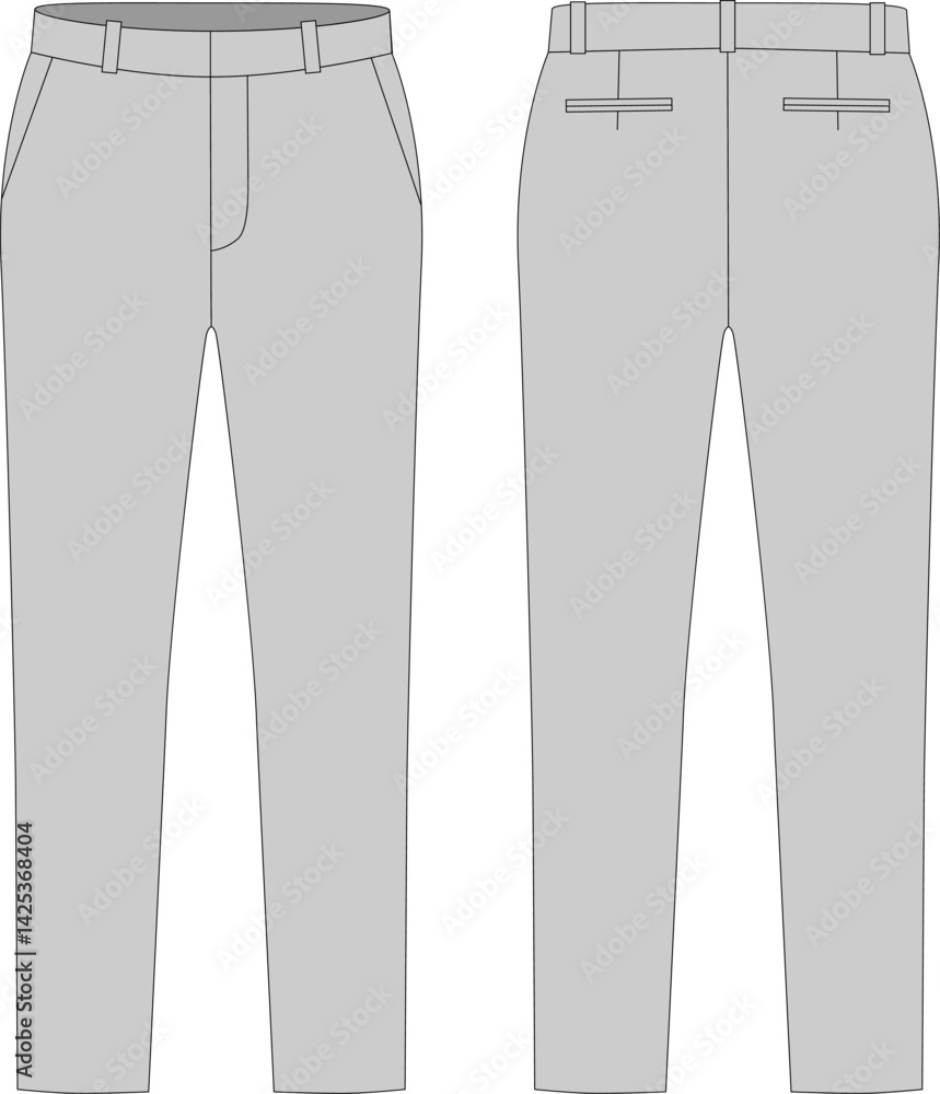 Technical flat drawing of classic trousers with pockets. Casual fashion technical illustration. Front and back view, unisex men's and women's trousers. Technical flat drawing of classic trousers with pockets. Casual fashion technical illustration. Front and back view, unisex men's and women's trousers.