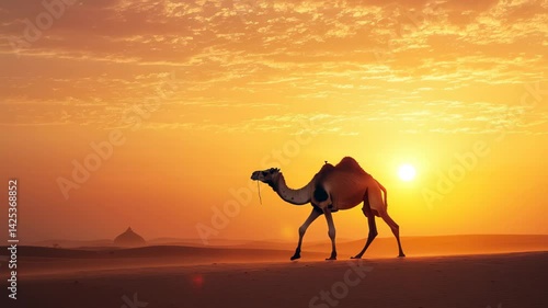 Camel Walking Across Desert Landscape at Sunset with Dramatic Sky