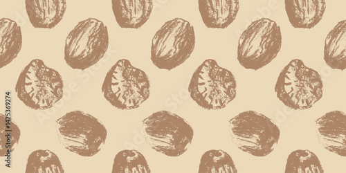 Vector seamless nutmeg pattern in charcoal style. For packaging, textile, labels, food wrap and eco designs. Background of condiment, culinary, baking ingredients and cooking.