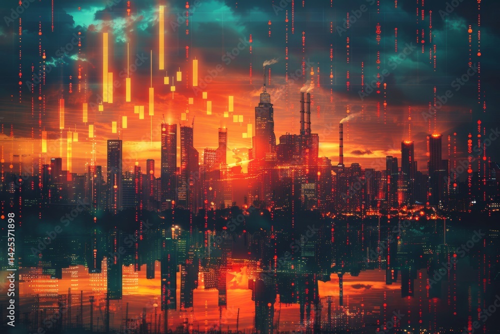 Naklejka premium Economic growth theme illustrated with layered upward-trending arrows and blended GDP charts alongside industrial skyline silhouettes and cloud overlays. Economic concept