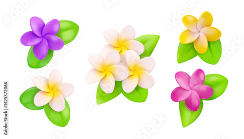 Plumeria flower with leaf vector 3d set. Collection of tropical frangipani flowers and leaves isolated on white background. Summer design decorative elements