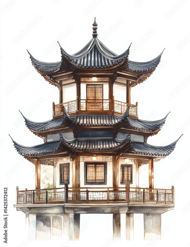Fototapeta premium Watercolor Chinese Pagoda, Isolated on White Background