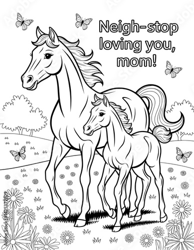 A heartwarming coloring page featuring a mother horse and her foal