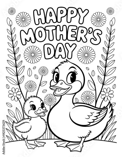 A heartwarming black and white coloring page featuring two adorable ducklings, perfect for Mother's Day