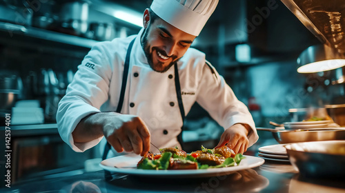 Expert chef plates exquisite Indian cuisine in a five-star hotel kitchen during a bustling dinner service