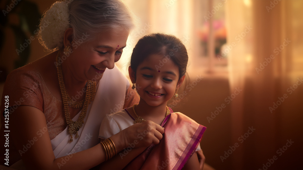 Grandmother teaches granddaughter to tie a sari with care in a warm, homey interior Grandmother teaches granddaughter to tie a sari with care in a warm, homey interior