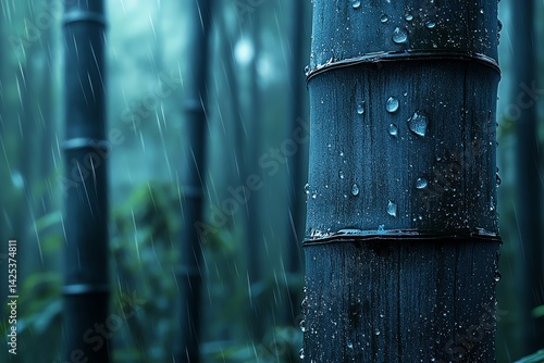 Rain Falling on Bamboo Forest with Water Droplets in Tranquil Scene