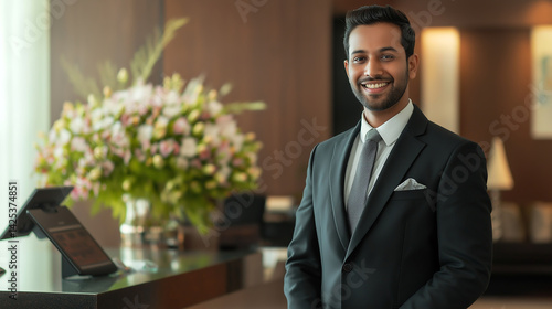 Luxury hotel concierge in India welcomes guest with warm smile and professional demeanor in an elegant setting