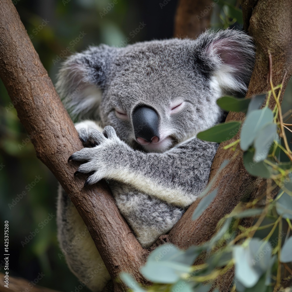 Obraz premium Sleepy koala resting in eucalyptus tree (1)