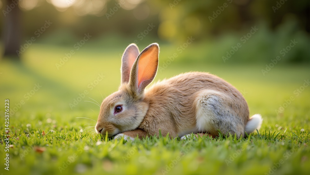 Fototapeta premium Cute Brown Rabbit Resting on Green Grass in Soft Natural Light