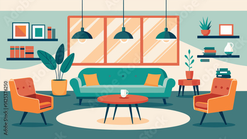 A cozy employee lounge adorned with vintage couches and armchairs providing a comfortable and sustainable retreat for employees.. Vector illustration