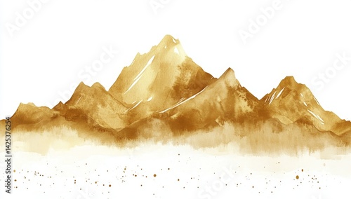 Watercolor golden mountains landscape, serene background