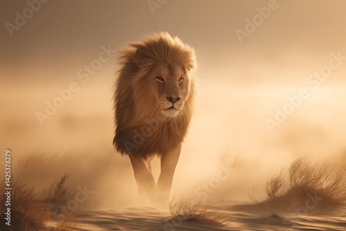 Majestic lion striding through golden desert sands, regal mane backlit by divine rays, evoking a prophetic atmosphere.