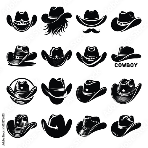Cowboy hat cap silhouette vector icon set clipart