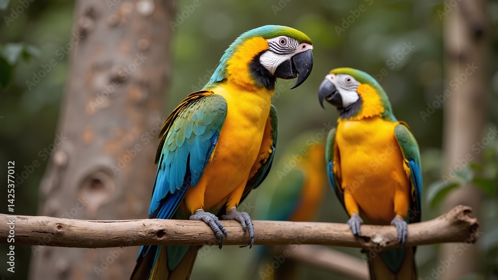 Fototapeta premium Vibrant Macaws Resting on Branch in Tropical Forest Setting