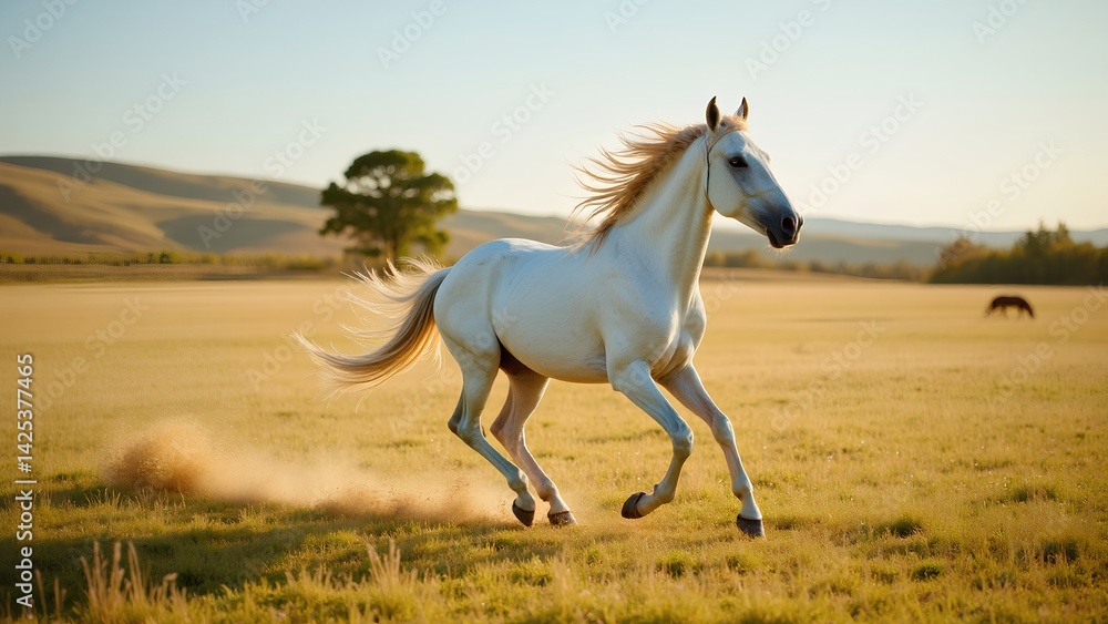 Fototapeta premium Majestic White Horse Galloping Through Golden Meadow Landscape