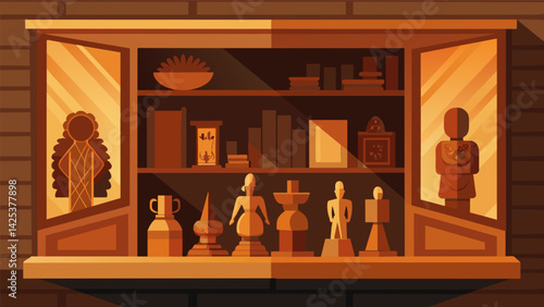 A display of intricately carved wooden figurines catches the sunlight filtering through the thrift store window.. Vector illustration