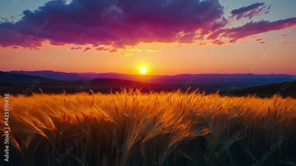 Golden Sunset over Wheat Field and Distant Mountains
