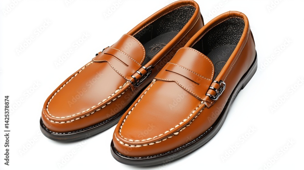A pair of stylish light brown leather penny loafers are presented on a plain white background showcasing their classic design and stitching detail for fashion or retail use. A pair of stylish light brown leather penny loafers are presented on a plain white background showcasing their classic design and stitching detail for fashion or retail use.