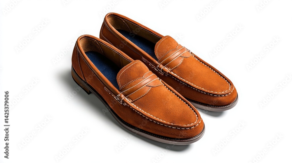 A pair of stylish light brown suede leather loafers with a classic penny loafer design are presented on a clean white background for fashion or ecommerce use. A pair of stylish light brown suede leather loafers with a classic penny loafer design are presented on a clean white background for fashion or ecommerce use.
