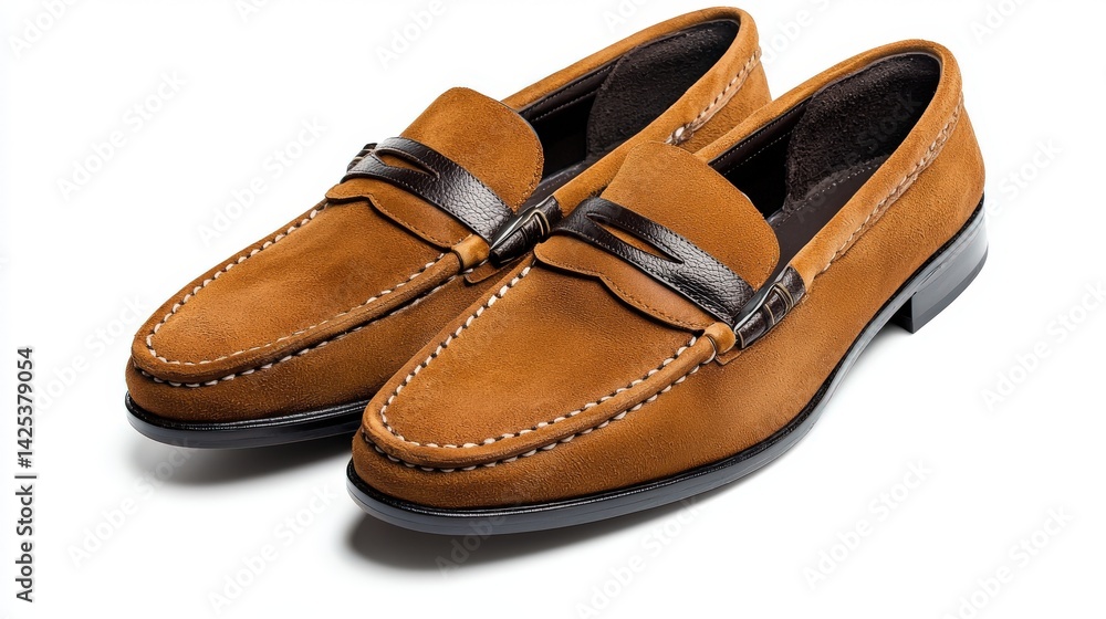 A pair of stylish brown suede leather loafers with a dark brown leather strap detail is displayed against a clean white background showcasing the elegant design and craftsmanship. A pair of stylish brown suede leather loafers with a dark brown leather strap detail is displayed against a clean white background showcasing the elegant design and craftsmanship.