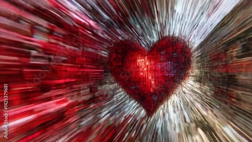 The distorted digital heart icon flickering with red noise and glitch trails