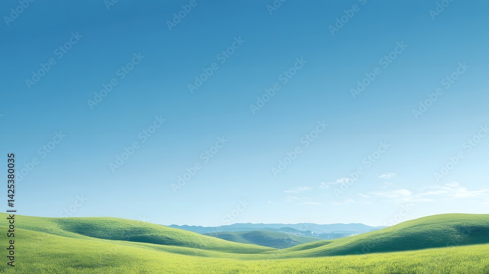 Obraz premium Green Grass Hills Landscape with Blue Sky and Distant Mountains