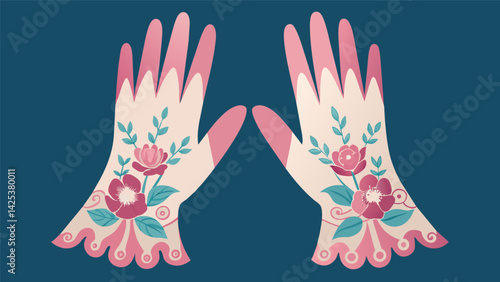 A delicate pair of vintage satin gloves embroidered with intricate floral designs are returned to their former elegance by skilled restoration. Vector illustration