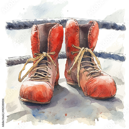 Boxing boots beside a ring, watercolor illustration, isolated on a white background.

