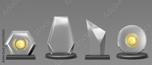Glass award set with gold medal in center - hexagon, circle and irregular shapes. Transparent trophies on black pedestals. First place prize or winner cup. Champion rewards and achievement symbols.