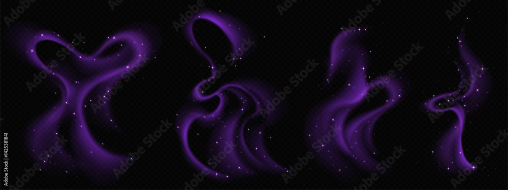 Fototapeta premium Magical purple smoke trails set - wispy curvy lines with glowing sparkle effect. Fantasy swirl shapes, mysterious fairy dust, dreamy vapor texture for fairy food decoration or witchcraft concept.