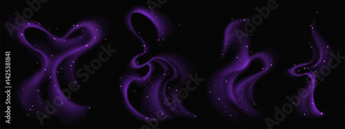 Magical purple smoke trails set - wispy curvy lines with glowing sparkle effect. Fantasy swirl shapes, mysterious fairy dust, dreamy vapor texture for fairy food decoration or witchcraft concept.