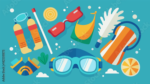 A display of swim goggles fins and other pool accessories perfect for those looking to save money on their aquatic hobbies.. Vector illustration