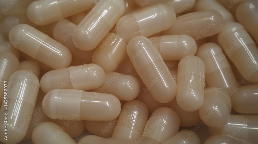 Beige capsules fill the frame in a close-up view. Beige capsules fill the frame in a close-up view.