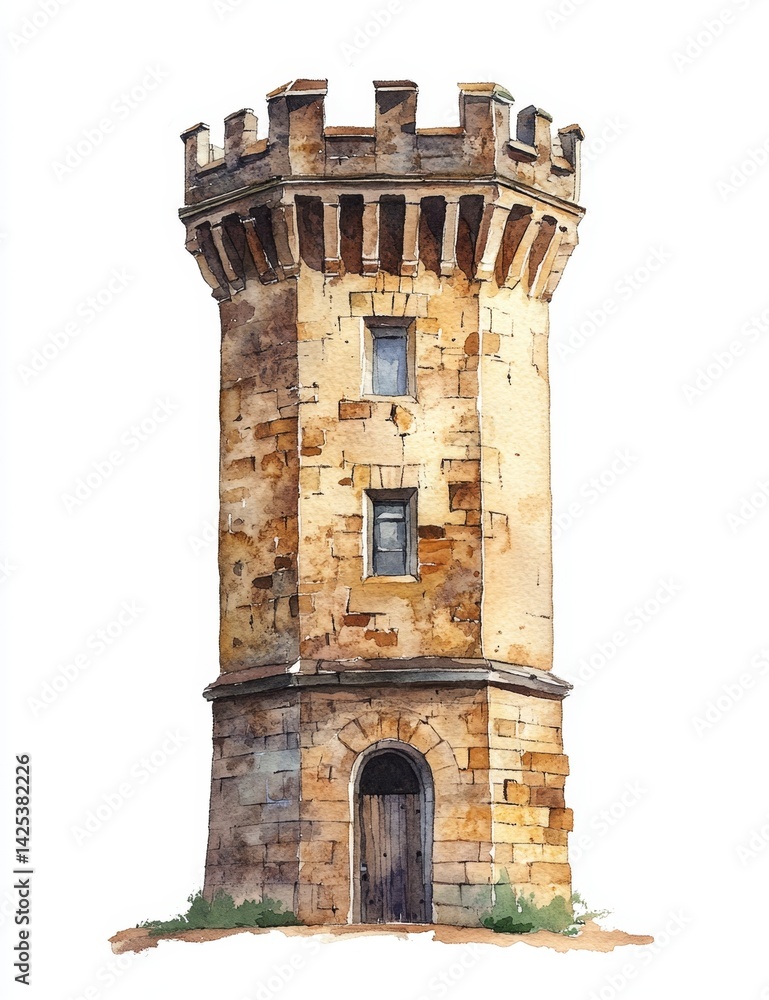 Watercolor illustration of a medieval watchtower Watercolor illustration of a medieval watchtower