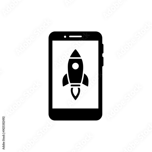 Product launch rocket on mobile icon
