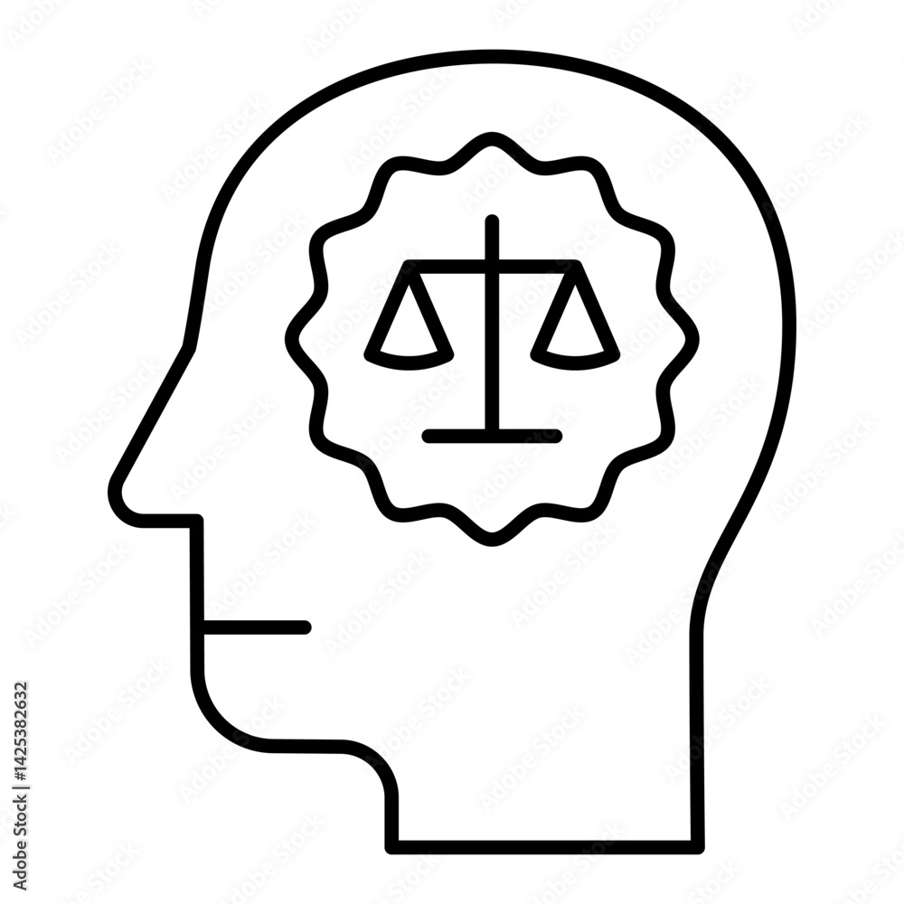 Man head with lawyer brain thin line icon, jurisprudence concept. Vector graphics. Human and mind with scales, justice sign on white background, linear style for mobile or design.