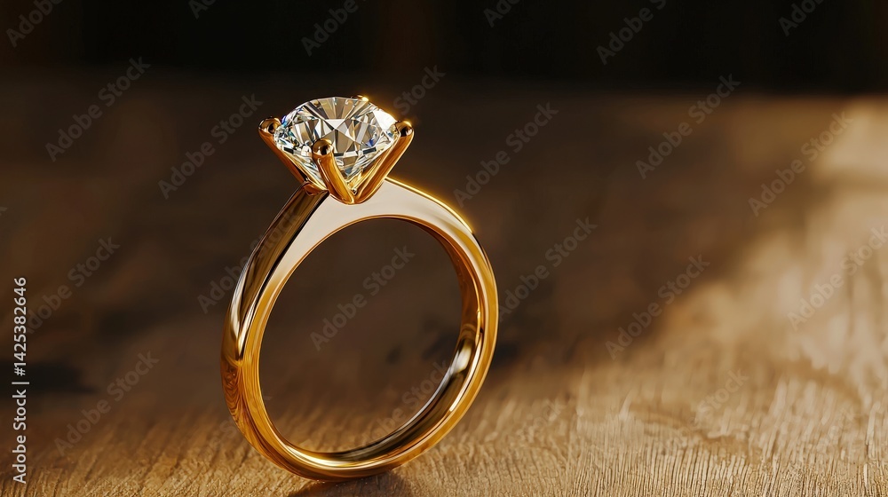 A dazzling solitaire diamond engagement with a classic gold band rests elegantly on a rich wooden surface bathed in warm light showcasing its brilliance and exquisite A dazzling solitaire diamond engagement with a classic gold band rests elegantly on a rich wooden surface bathed in warm light showcasing its brilliance and exquisite