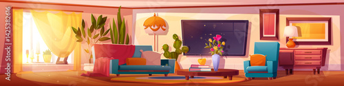 Lounge living room with tv and vintage furniture. Vector cartoon illustration of cozy home interior with couch and armchair, boho floor lamp, wooden table, picture frames on wall, cozy carpet on floor