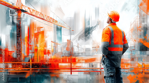 Construction Foreman Observing Building Progress - Site Supervisor Evaluating Development, Engineering Project Management, Infrastructure Inspection.