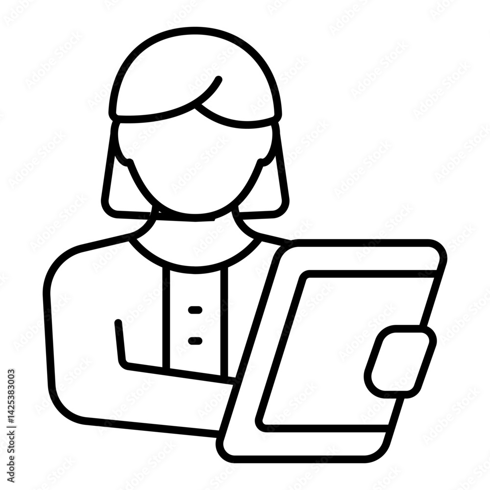 Psychologist woman and testimony notepad thin line icon, family psychology concept. Vector graphics. Woman with paper, notes sign on white background, linear style for mobile or design. Psychologist woman and testimony notepad thin line icon, family psychology concept. Vector graphics. Woman with paper, notes sign on white background, linear style for mobile or design.