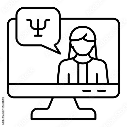 Monitor screen and psychologist woman thin line icon, psychology concept. Vector graphics. Display with online doctor, therapy sign on white background, linear style for mobile or design.