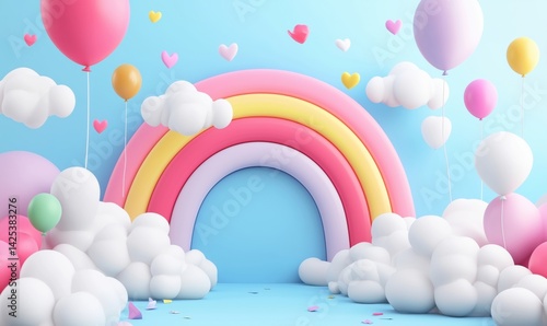 Colorful rainbow arch surrounded by balloons and fluffy clouds in playful setting
