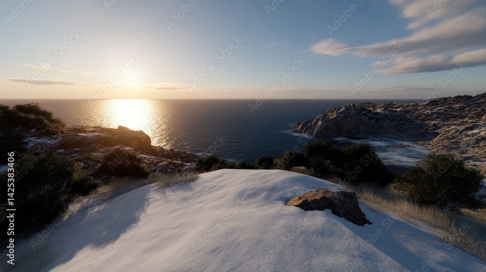 Obraz premium Snowy coastal landscape at sunset. Ocean views